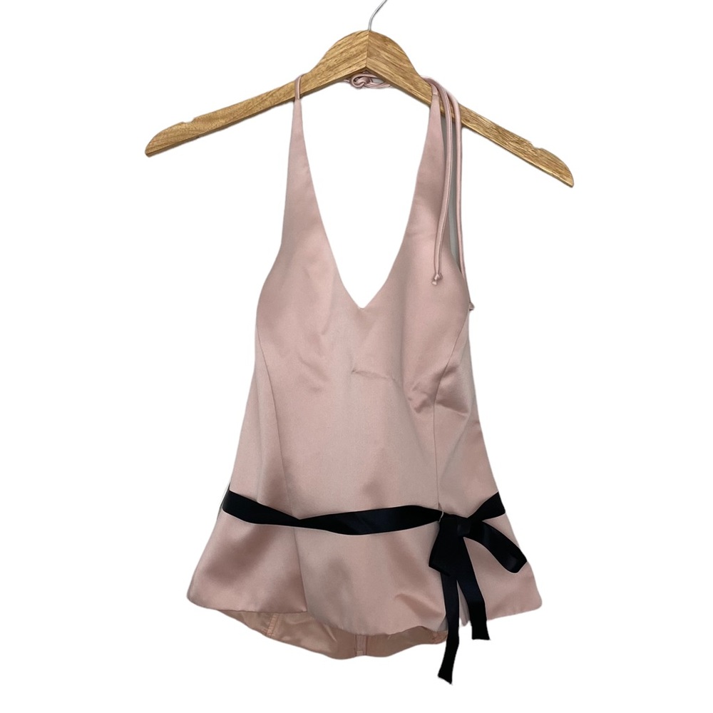 NWT XSCAPE by Joanna Chen Halter Satin Front Side Tie Top Petite Size 8P - Picture 2 of 7
